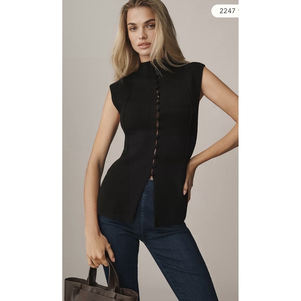 By Anthropologie Mock-Neck Sleeveless Cardigan Sweater Full Button Size XS Black